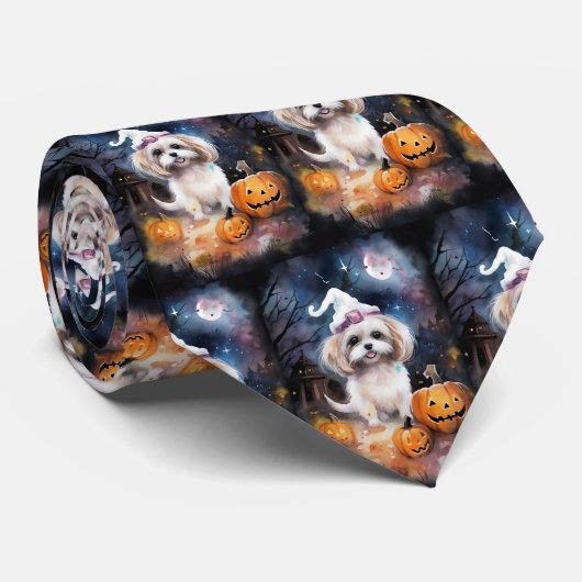 Halloween Malti Tzu mit Pumpkins Beängstigend Krawatte (Gerollt)