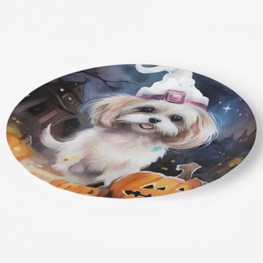 Halloween Malti Tzu mit Pumpkins Beängstigend Pappteller (Schrägansicht)