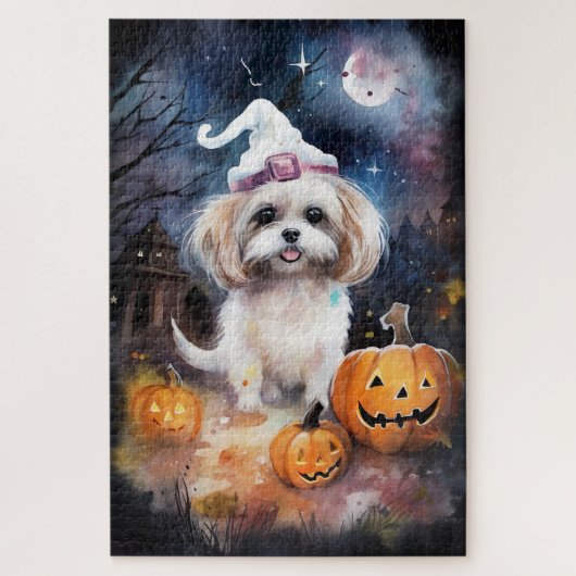 Halloween Malti Tzu mit Pumpkins Beängstigend Puzzle (Vertikal)
