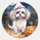 Halloween Malti Tzu mit Pumpkins Beängstigend Runder Aufkleber (Vorderseite)