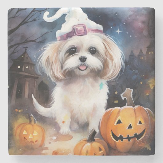 Halloween Malti Tzu mit Pumpkins Beängstigend Steinuntersetzer (Vorderseite)