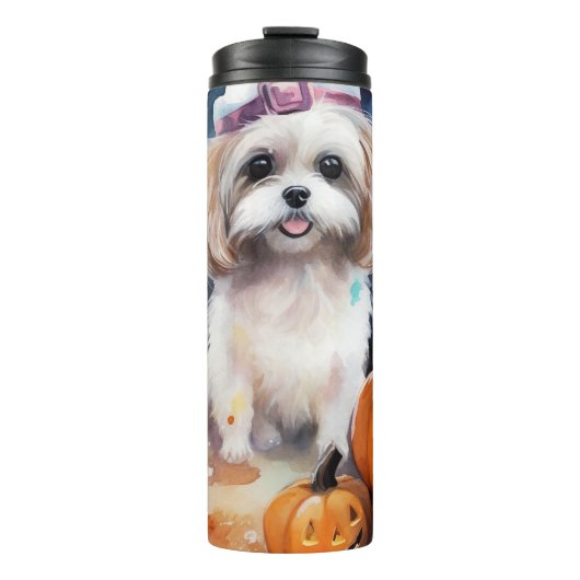 Halloween Malti Tzu mit Pumpkins Beängstigend Thermosbecher (Vorderseite)
