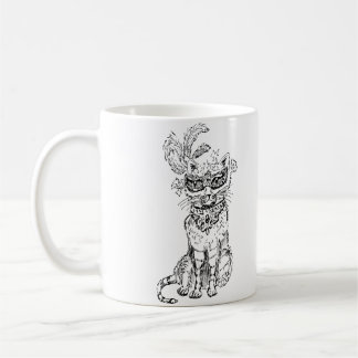Halloween-Maskenball-Katze schwarze Linienkunst Kaffeetasse