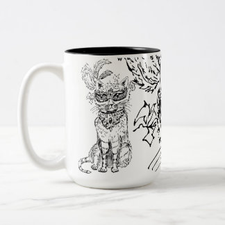 Halloween-Maskenball-Katze schwarze Linienkunst Zweifarbige Tasse
