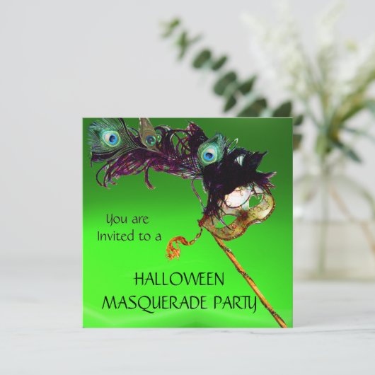 HALLOWEEN MASQUERADE PARTY, grün Orange Einladung (Stehend Vorderseite)