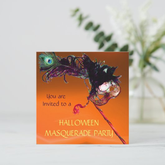 HALLOWEEN MASQUERADE PARTY, schwarz-gelb Einladung (Stehend Vorderseite)