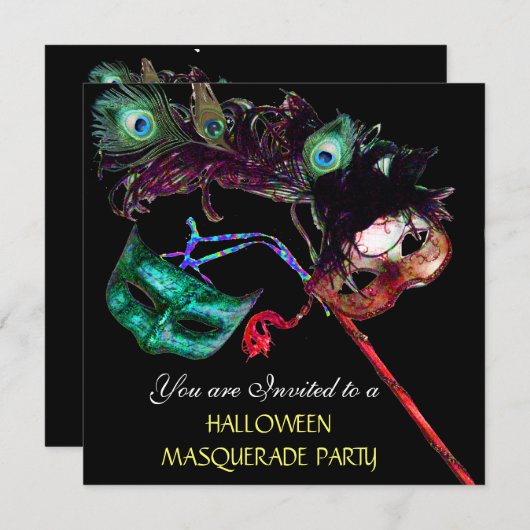 HALLOWEEN MASQUERADE PARTY, Schwarz-weiß blau Einladung (Vorne/Hinten)