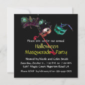 HALLOWEEN MASQUERADE PARTY, Schwarz-weiß blau Einladung (Rückseite)
