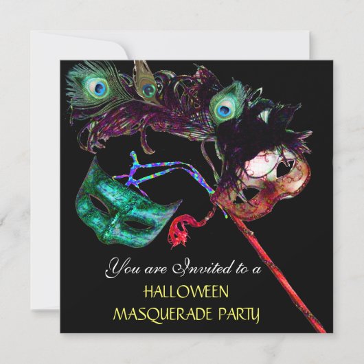 HALLOWEEN MASQUERADE PARTY, Schwarz-weiß blau Einladung (Vorderseite)