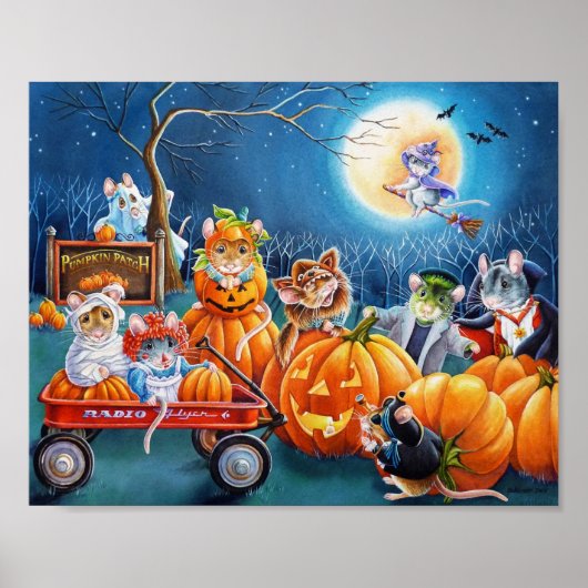 Halloween Mäuse in Pumpkin Patch Wasserfarbe 8x10 Poster (Vorne)