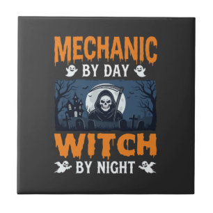 Halloween Mechaniker bei Tag, Hexe bei Nacht Fliese