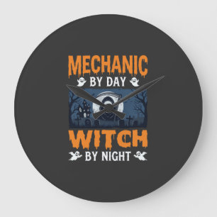 Halloween Mechaniker bei Tag, Hexe bei Nacht Große Wanduhr