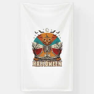 Halloween meditierender Kürbisskelett Retro-Sonne Banner