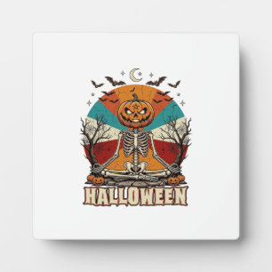 Halloween meditierender Kürbisskelett Retro-Sonne  Fotoplatte