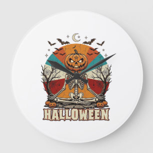 Halloween meditierender Kürbisskelett Retro-Sonne Große Wanduhr