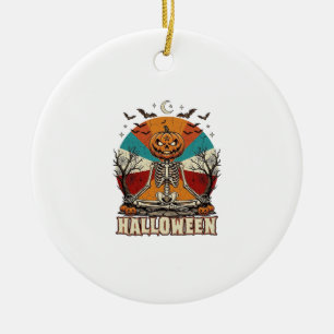 Halloween meditierender Kürbisskelett Retro-Sonne  Keramik Ornament