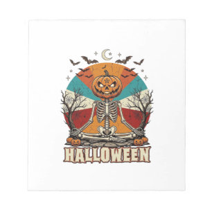 Halloween meditierender Kürbisskelett Retro-Sonne Notizblock