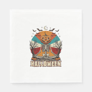 Halloween meditierender Kürbisskelett Retro-Sonne Serviette
