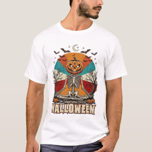 Halloween meditierender Kürbisskelett Retro-Sonne T-Shirt