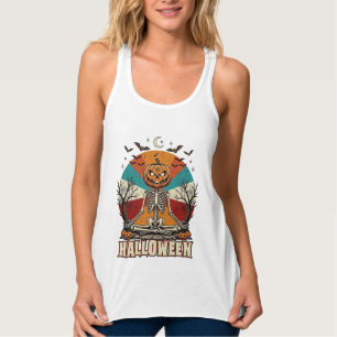 Halloween meditierender Kürbisskelett Retro-Sonne Tank Top