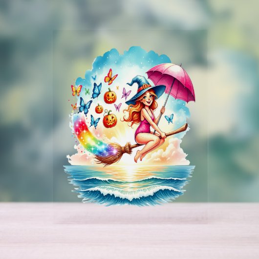 Halloween Meerjungfrau auf Broom Acrylschild (Neutral)
