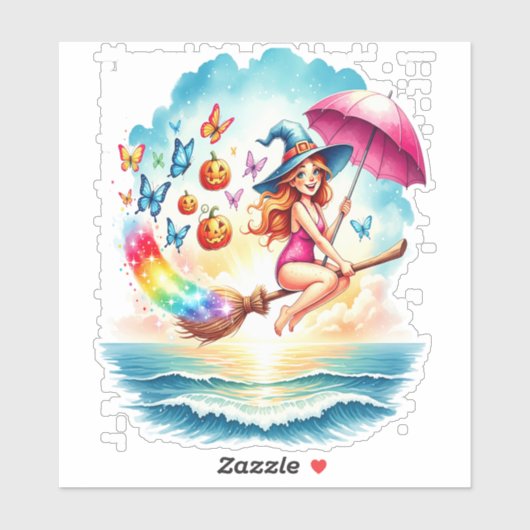 Halloween Meerjungfrau auf Broom Aufkleber (Blatt)