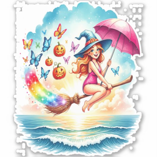 Halloween Meerjungfrau auf Broom Aufkleber (Vorderseite)