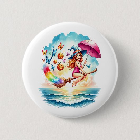 Halloween Meerjungfrau auf Broom Button (Vorderseite)