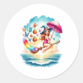 Halloween Meerjungfrau auf Broom Runder Aufkleber (Vorderseite)