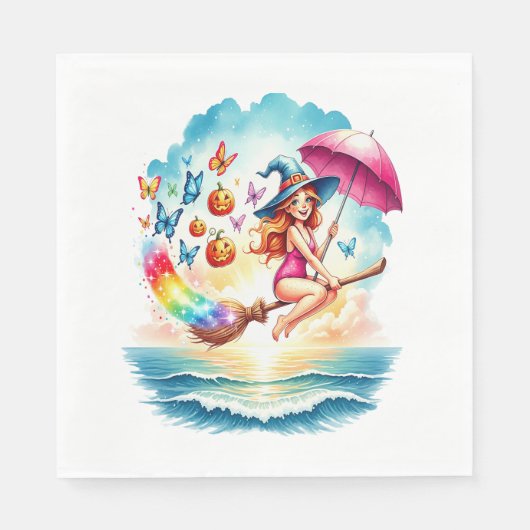 Halloween Meerjungfrau auf Broom Serviette (Vorderseite)