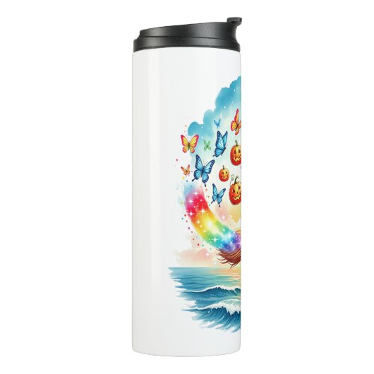 Halloween Meerjungfrau auf Broom Thermosbecher (Nach links gedreht)