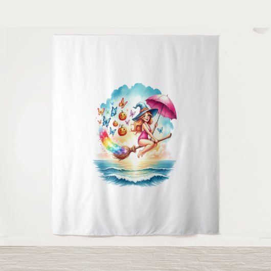 Halloween Meerjungfrau auf Broom Wandteppich (Vorderseite)