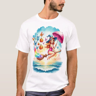 Halloween Meerjungfrau Hexe auf Besen T-Shirt