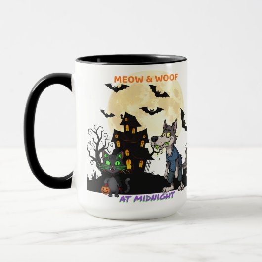 Halloween "Meow & Woof at Midnight" Cat & Werewolf Tasse (Links)