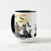 Halloween "Meow & Woof at Midnight" Cat & Werewolf Tasse (Vorderseite Links)