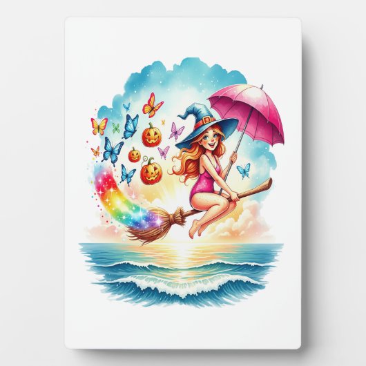 Halloween Mermaid Witch on Broom Fotoplatte (Vorderseite)