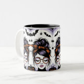 Halloween Messy Bun Woman Zweifarbige Tasse (Vorderseite Links)
