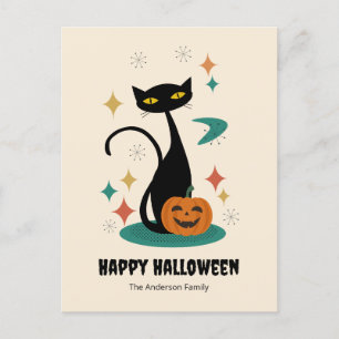 Halloween Mid Century Schwarze Katze Feiertagspostkarte
