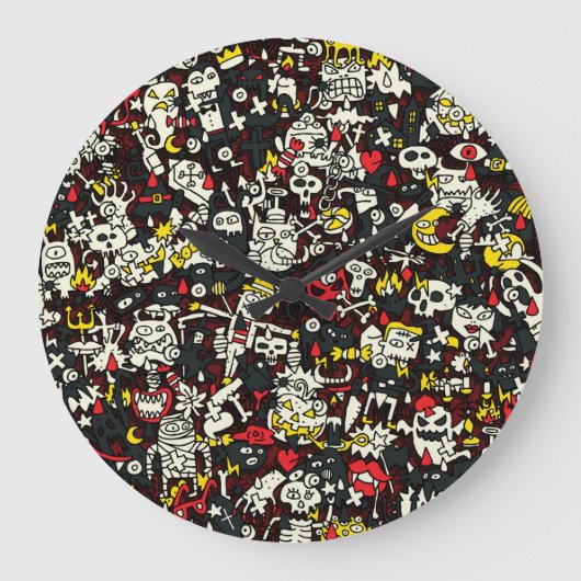 Halloween Mini Doodle Vintages Muster Große Wanduhr (Vorderseite)