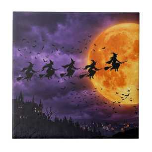 Halloween mit Mond und Hexe Fliese