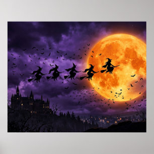 Halloween mit Mond und Hexe Poster