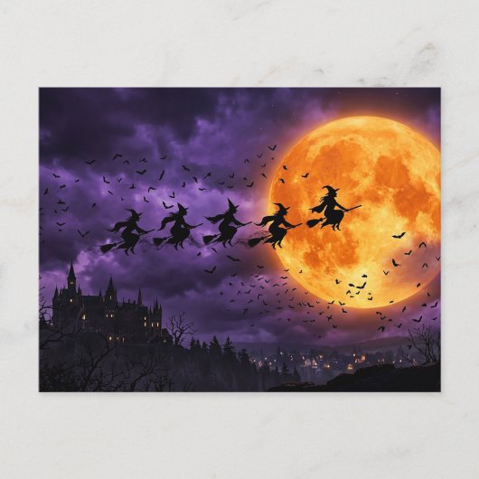 Halloween mit Mond und Hexe Postkarte (Vorderseite)