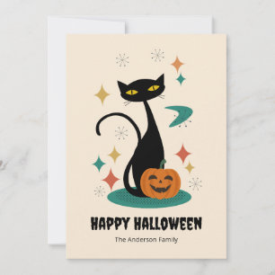Halloween Mitte des Jahrhunderts Schwarze Katze Feiertagskarte