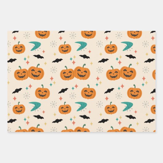 Halloween Mitte Jahrhunderts Pumpkins Muster Geschenkpapier Set (Vorderseite)