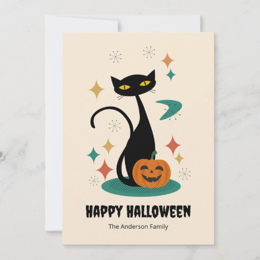 Halloween Mitte Jahrhunderts Schwarze Katze Feiertagskarte (Vorderseite)