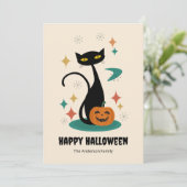 Halloween Mitte Jahrhunderts Schwarze Katze Feiertagskarte (Stehend Vorderseite)
