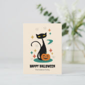 Halloween Mitte Jahrhunderts Schwarze Katze Feiertagspostkarte (Stehend Vorderseite)