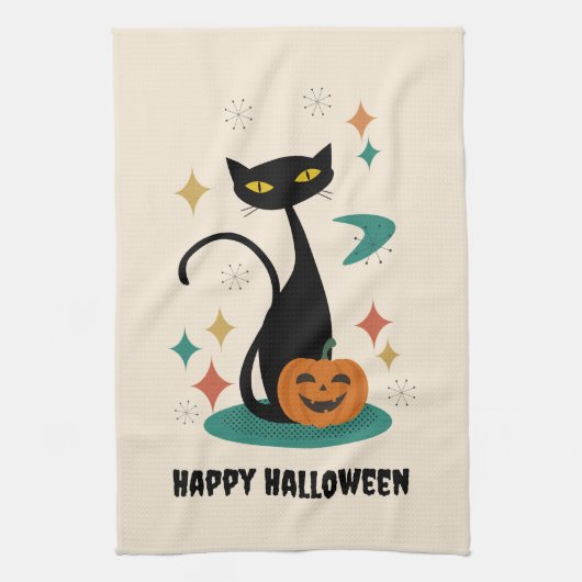 Halloween Mitte Jahrhunderts Schwarze Katze Geschirrtuch (Vertikal)