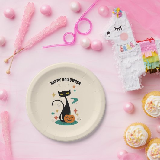 Halloween Mitte Jahrhunderts Schwarze Katze Pappteller (Party)