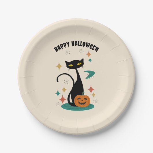 Halloween Mitte Jahrhunderts Schwarze Katze Pappteller (Vorderseite)